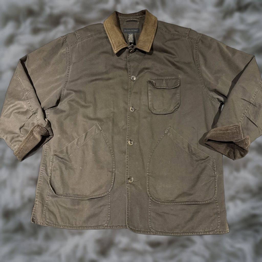 Banana Republic VINTAGE Banana Republic Barn Coat Mens Large Brown Cotton Leather Chore Jacket Overcoat Twill Long Pockets Logo Zipper Button Size US L / EU 52-54 / 3 - 1 Thumbnail