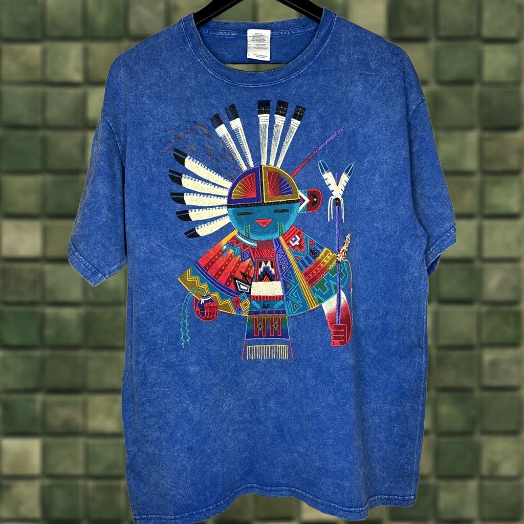 Gildan VINTAGE Y2K Southwestern Kokopelli Native Art T Shirt Acid Wash Blue L Mens Size US L / EU 52-54 / 3 - 1 Thumbnail