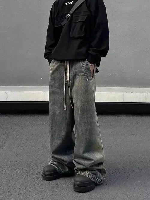 Japanese Brand Retro wash gradient drawstring work wide leg jeans Size US 32 / EU 48 - 3 Thumbnail