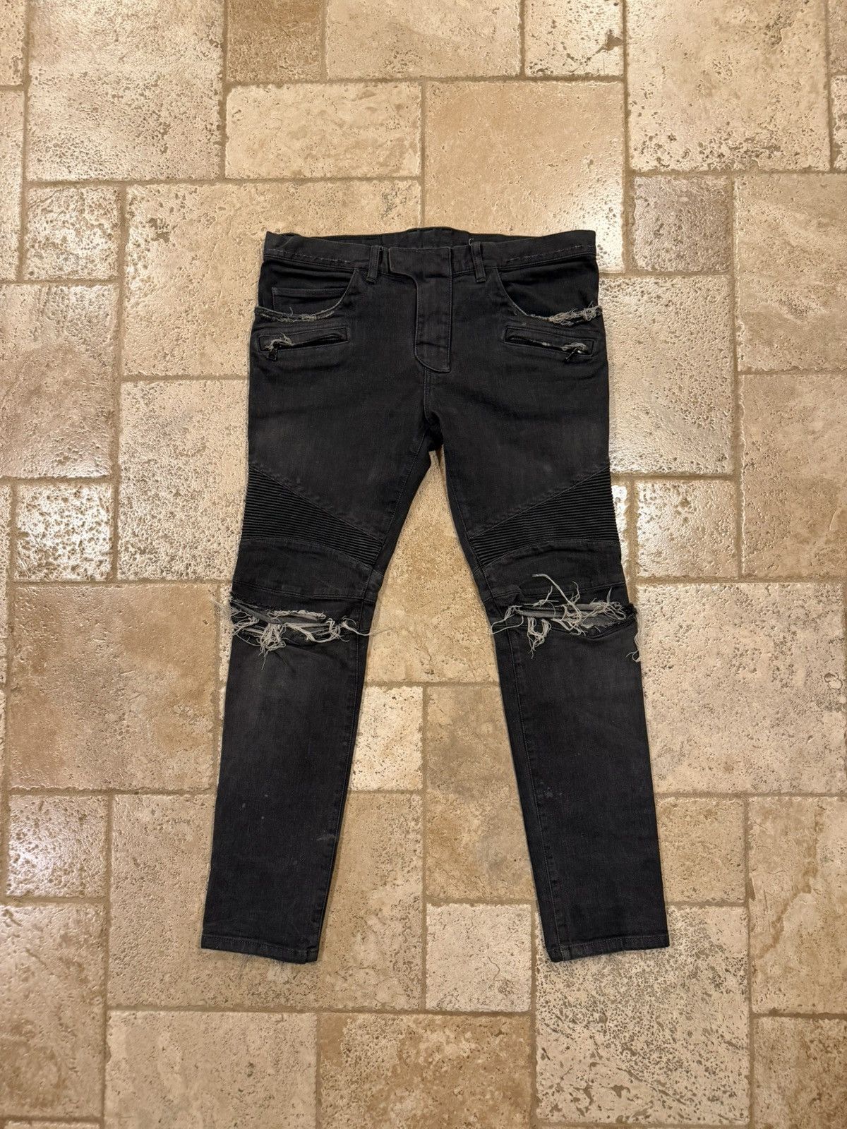 Balmain Balmain Moto Biker Distressed Stone Dark Gray Denim Jeans Size US 36 / EU 52 - 11 Thumbnail