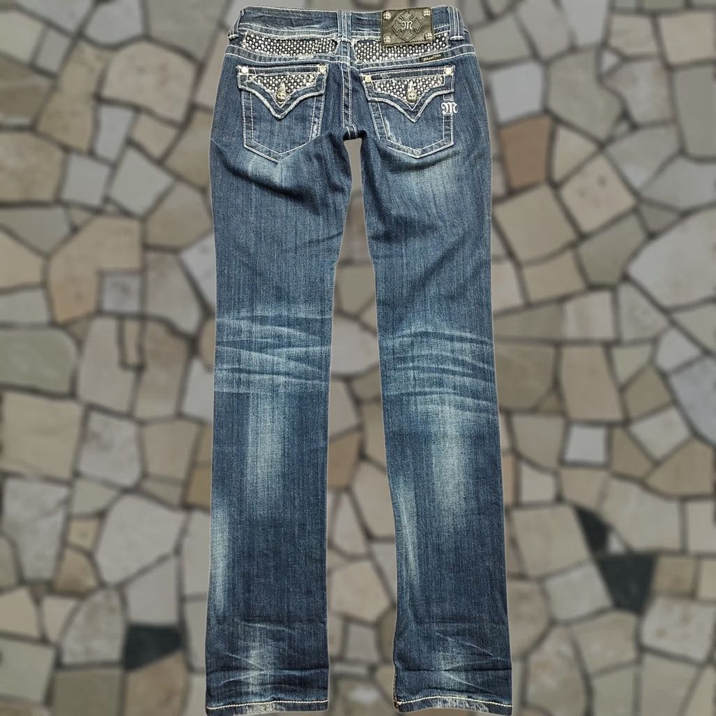Miss Me Miss Me Jeans Size 27 Straight Denim 5-Pocket Embellished Rhinestone Low Rise Biker Flap Pocket Blue Womens Size 27" / US 4 / IT 40 - 1 Thumbnail