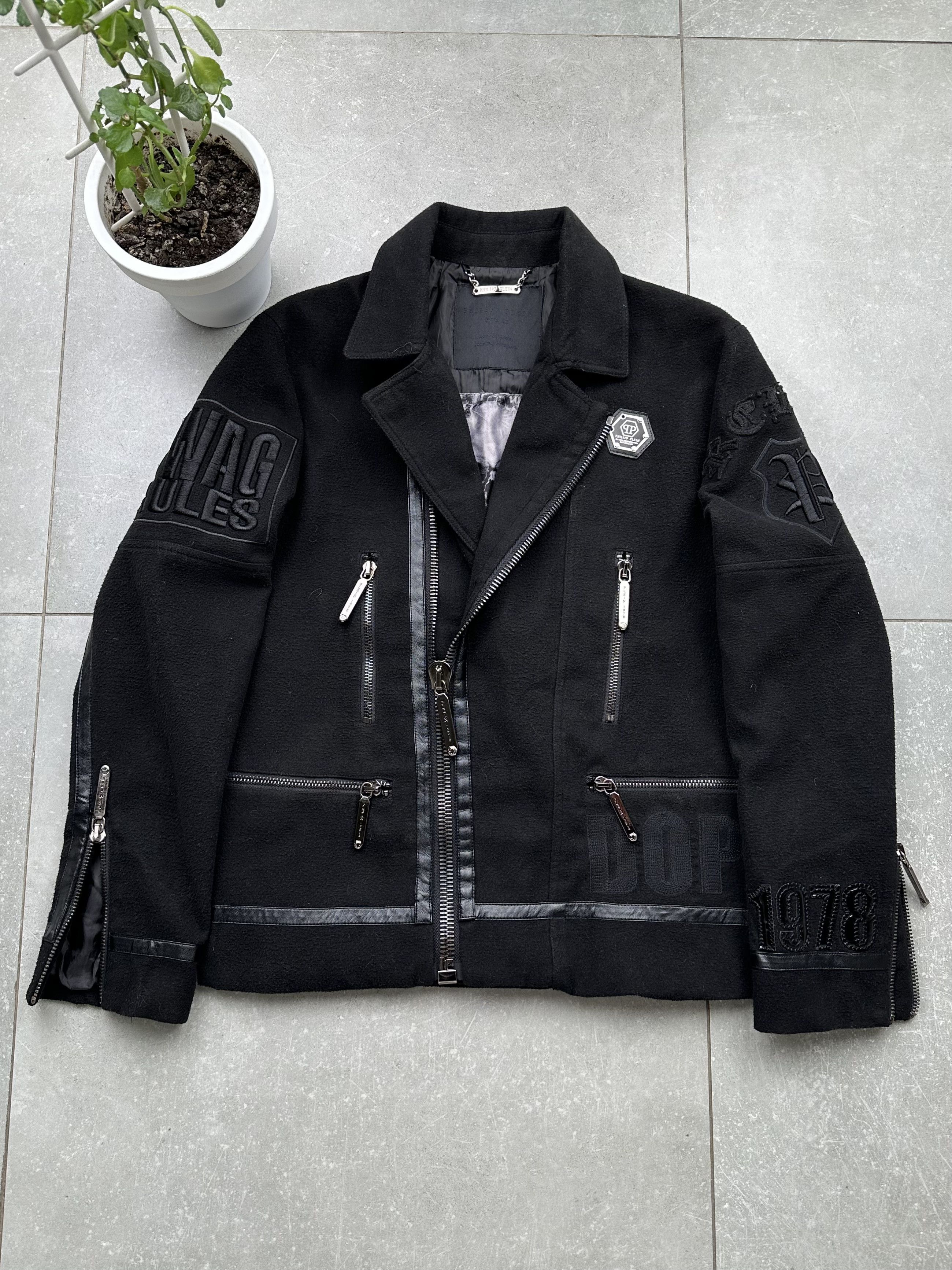 image of Philipp Plein Vintage Zipped Wool Printed Jacket in Black, Men's (Size Medium)