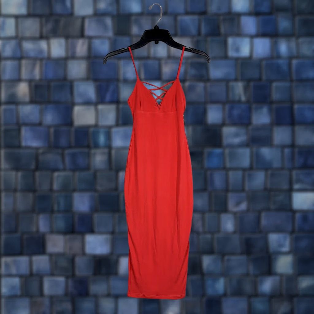 Vintage Nookie Mi Amore Criss Cross Shift Dress Womens 8 Watermelon Red Bodycon Midi V-Neck Spaghetti Crisscross Size M / US 6-8 / IT 42-44 - 1 Thumbnail