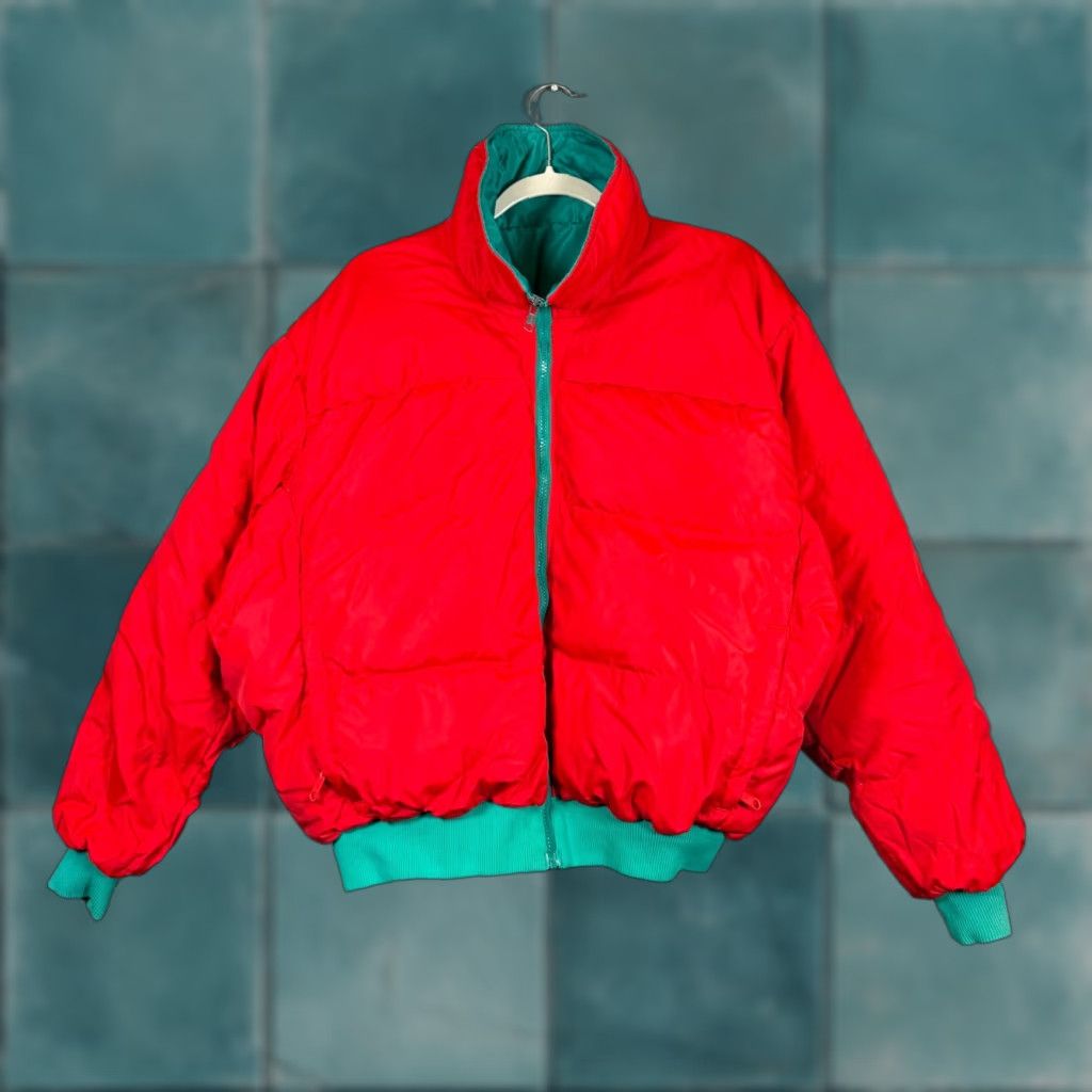 VINTAGE Columbia Reversible Down Jacket Bomber Red/Turquoise Adult