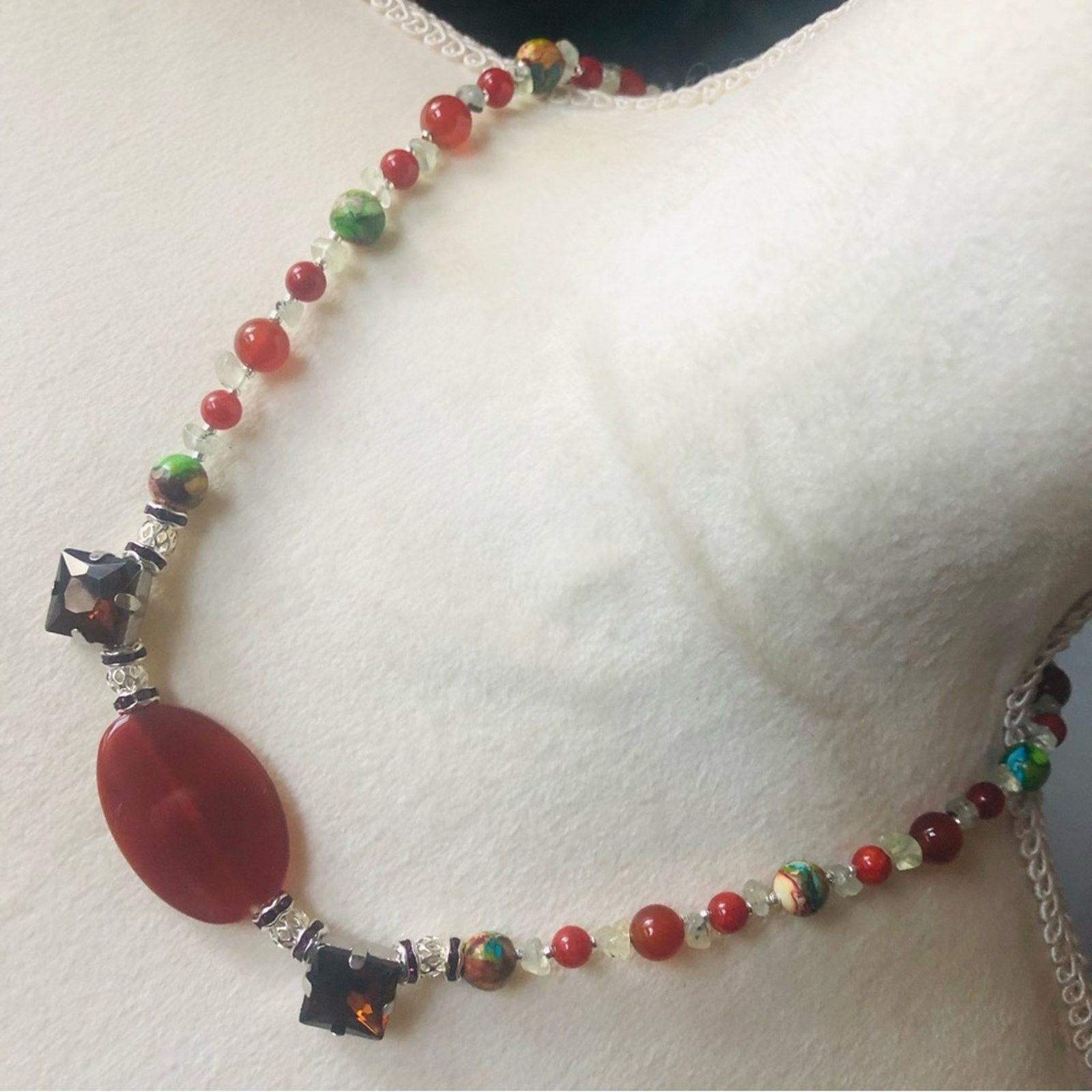 Handmade Handcrafted natural stone carnelian prehnite necklace Size ONE SIZE - 1 Thumbnail