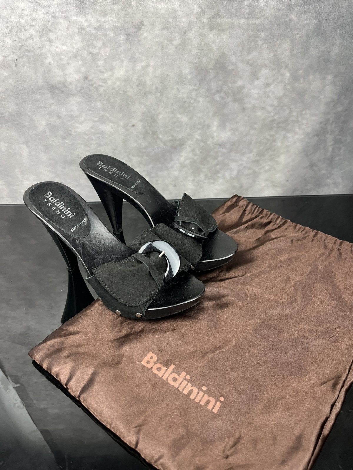 Vtg Baldini Trend Suede Heeled Mules Sandals Black Sz 37