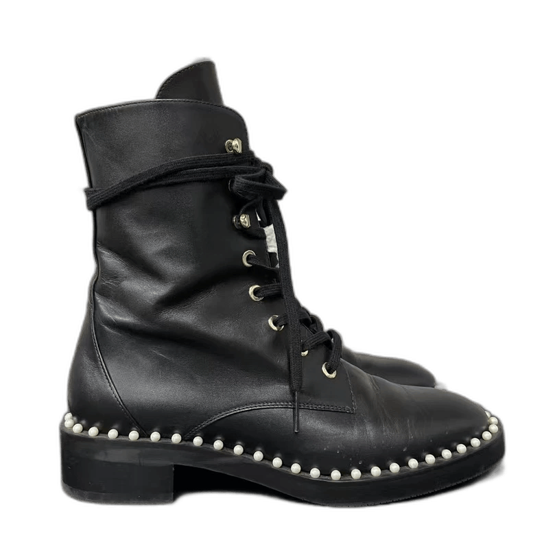 Jimmy Choo Stuart Weitzman Black Leather Boots with Pearls-yf Size US 5.5 / EU 38 - 1 Thumbnail