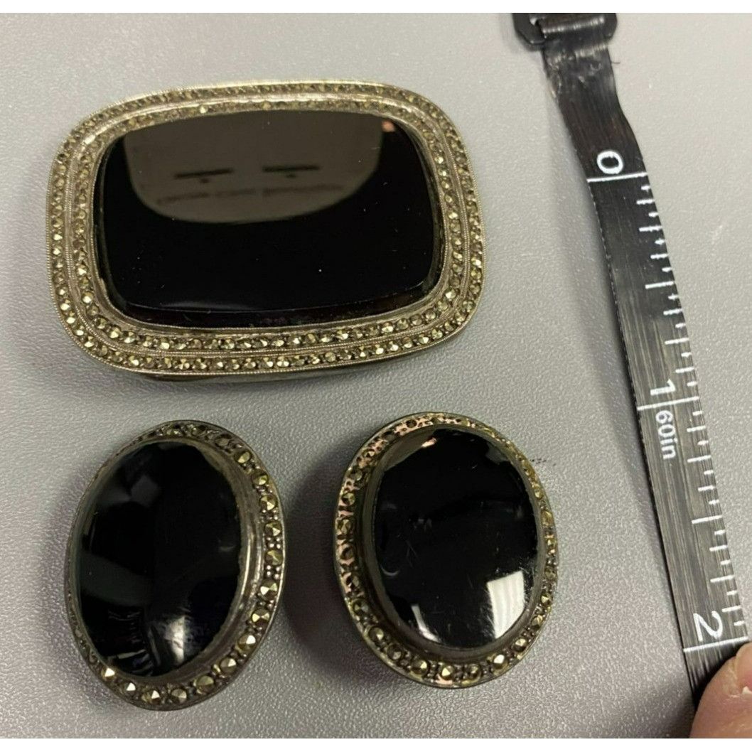 Other Vintage Onyx & Sterling Silver Brooch and Clip on Earring Se Size ONE SIZE - 10 Thumbnail