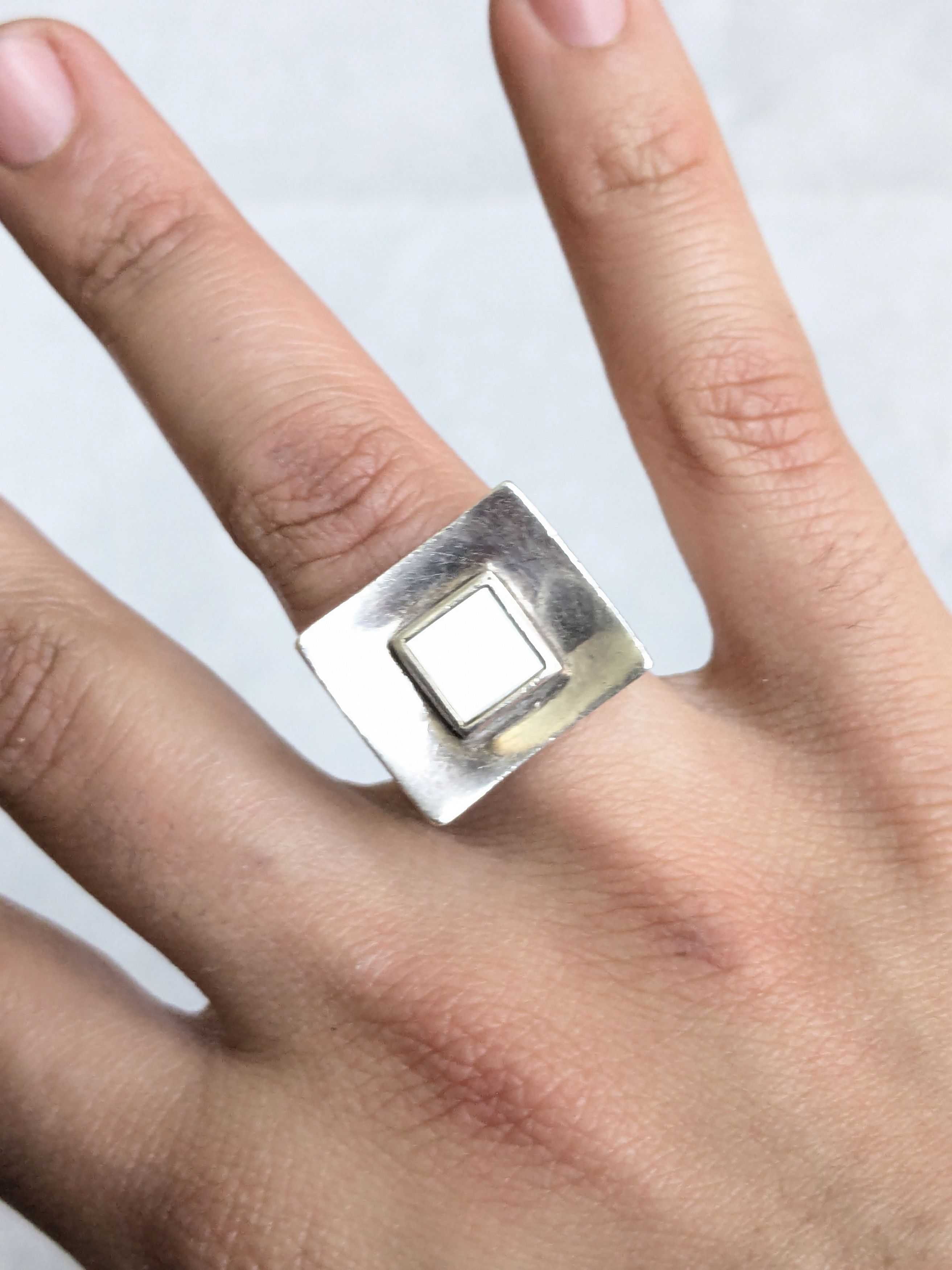 Jewelry Vintage Sterling Silver Ring MOP Square Hollow Cocktail Size ONE SIZE - 10 Thumbnail