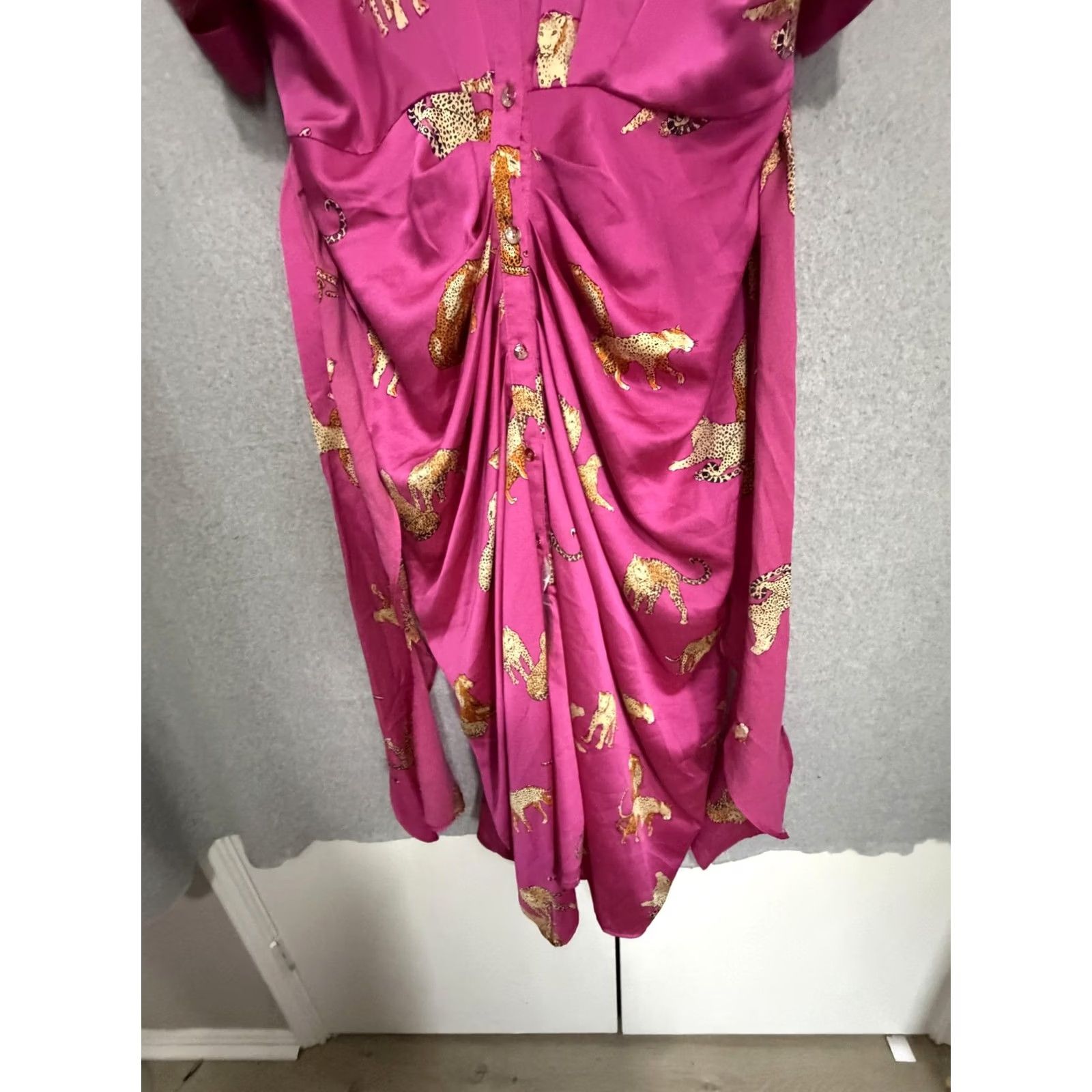 Pinko Entro Dress Womens L Pink Leopard Satin Ruched Button Front Maxi Shirt Collared Size L / US 10 / IT 46 - 6 Thumbnail