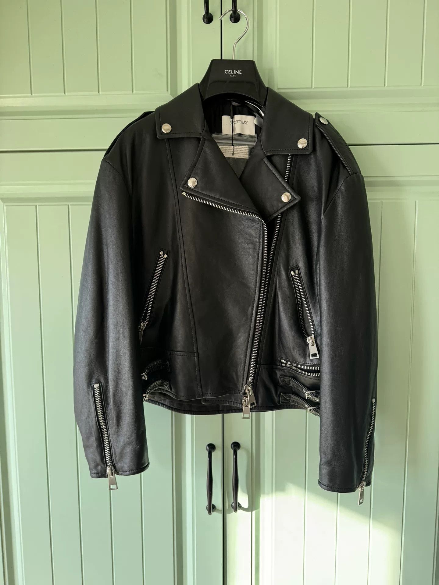 Sportmax SPORTMAX Black Biker Leather Jacket Size XXS / US 00 / IT 34 - 1 Thumbnail
