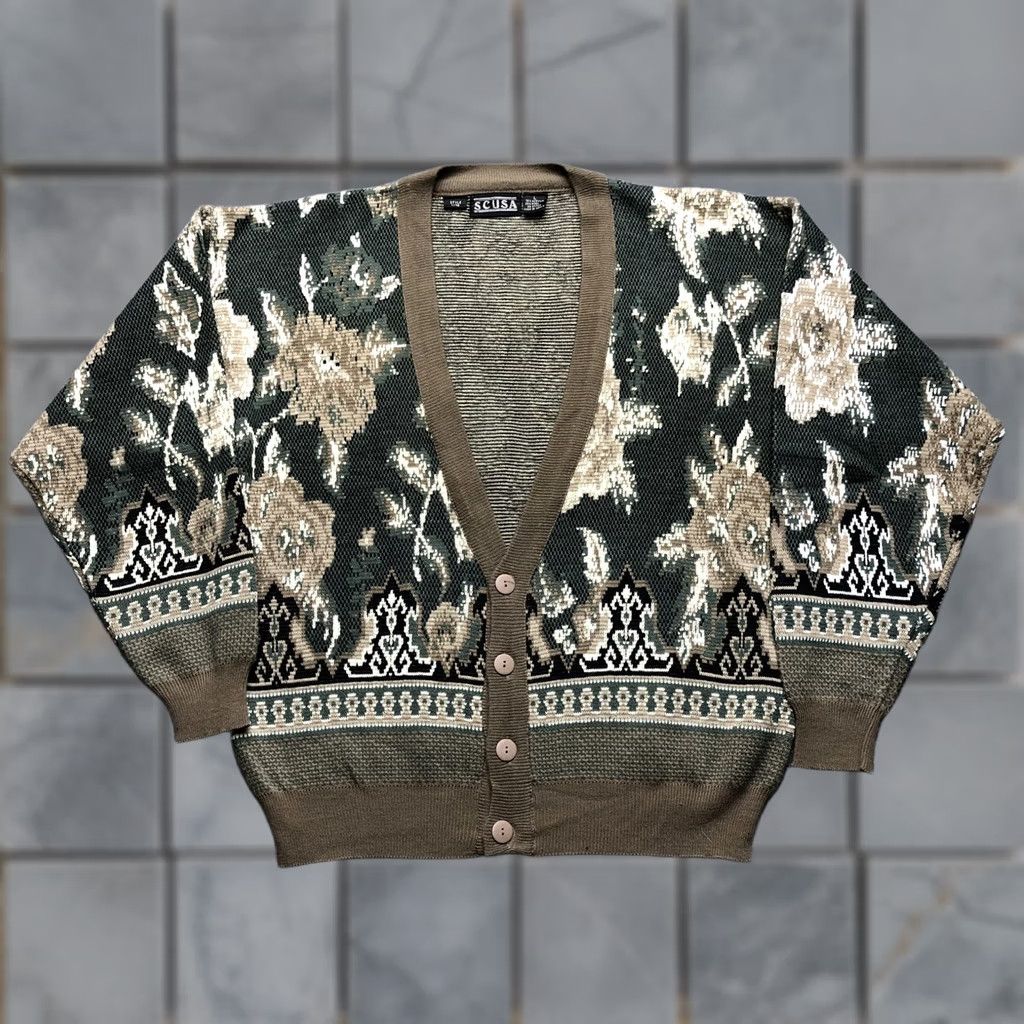 Vintage VINTAGE SCUSA Cardigan Sweater Womens L Green Floral Knit Button Up Size L / US 10 / IT 46 - 1 Thumbnail