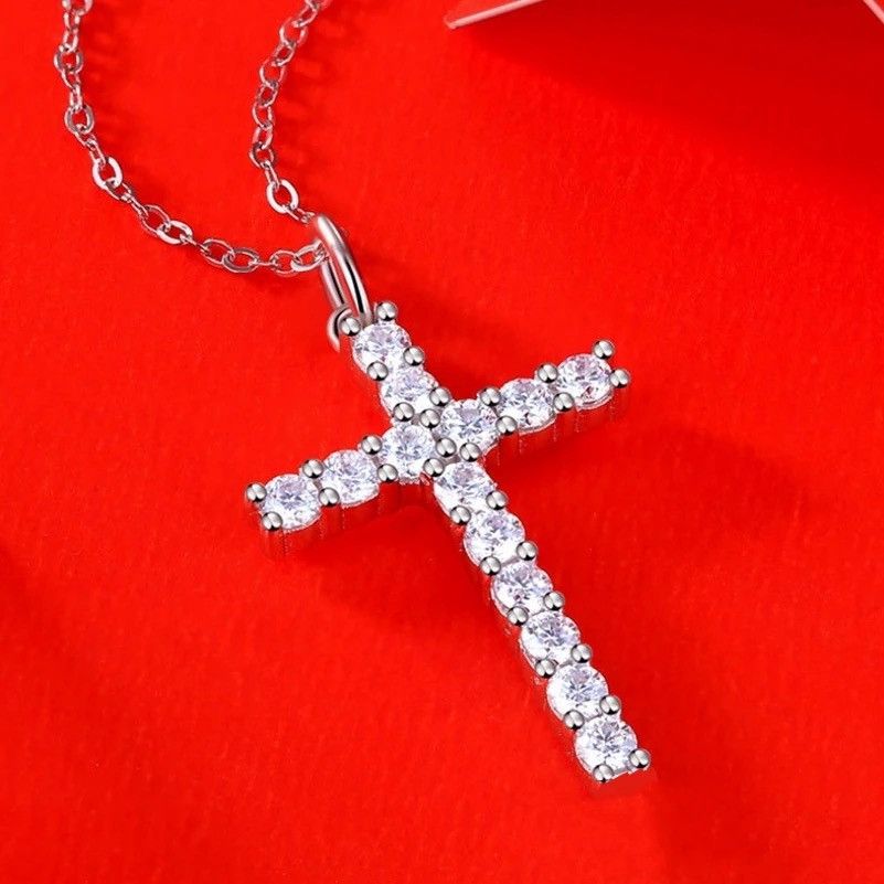Jewelry 925 Sterling Silver Moissanite Cross Necklace Size ONE SIZE - 3 Thumbnail