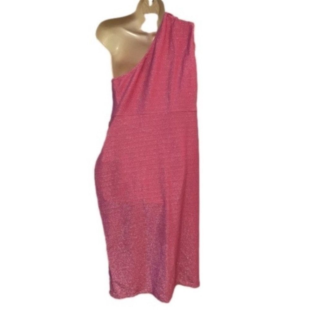 Asos ASOS Curve Metallic One-Shoulder Dress Pink Shimmer Sz 14 Size L / US 10 / IT 46 - 10 Thumbnail