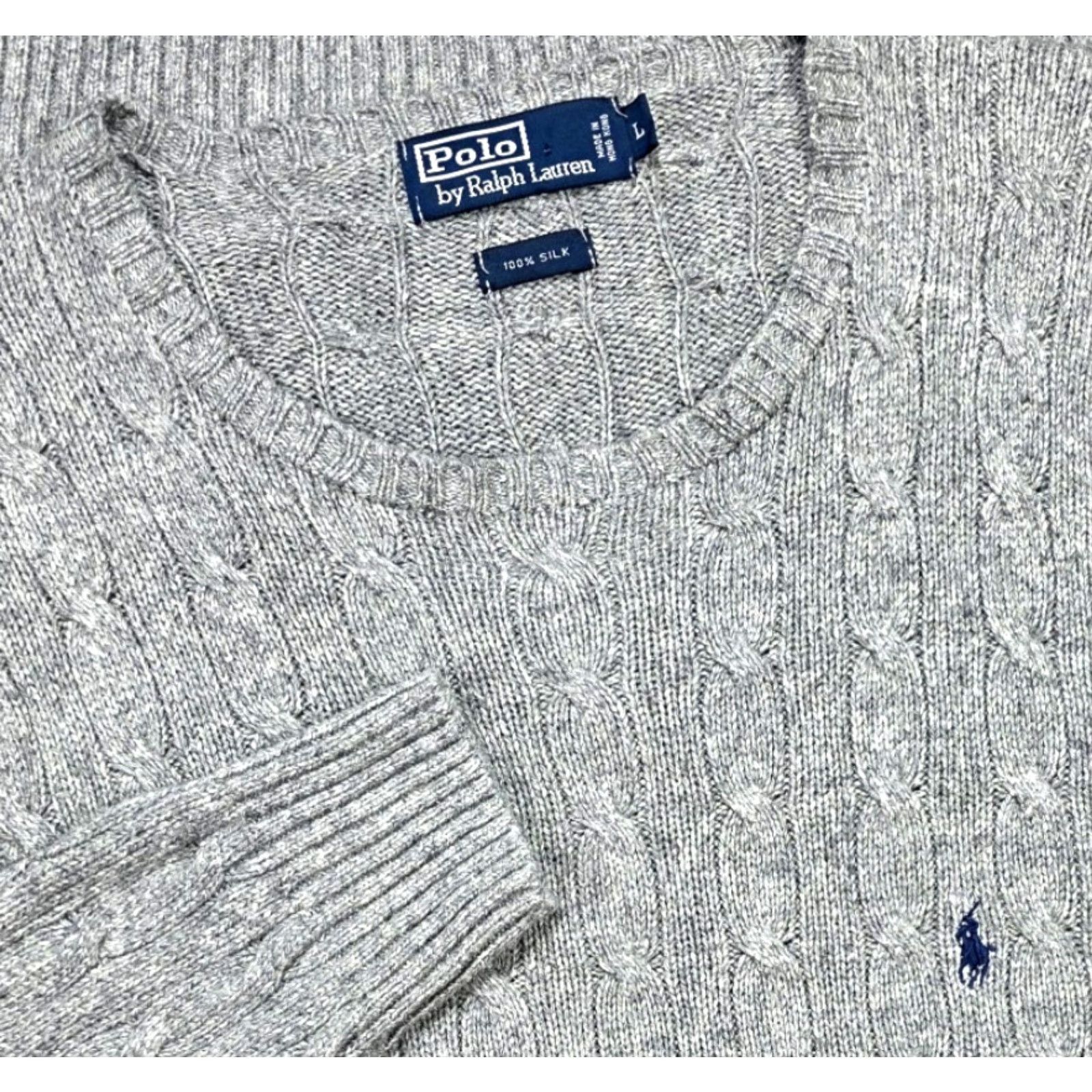 Polo Ralph Lauren VINTAGE Polo Ralph Lauren 100% Silk Sweater Gray Mens XL Cable Knit Blue Pony Size US XL / EU 56 / 4 - 2 Thumbnail