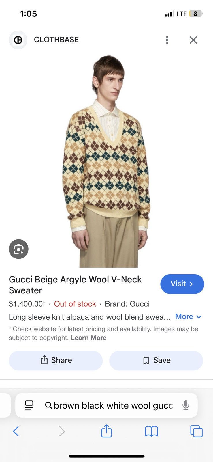 Gucci Gucci Beige Argyle V Neck Size US L / EU 52-54 / 3 - 9 Thumbnail