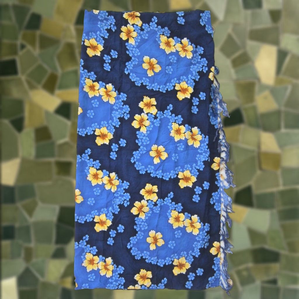 CO VINTAGE Marcia & Me & Co 100% Rayon Blue Yellow Floral Hawaiian Wrap Skirt Large Size 36" / US 14 / IT 50 - 1 Thumbnail