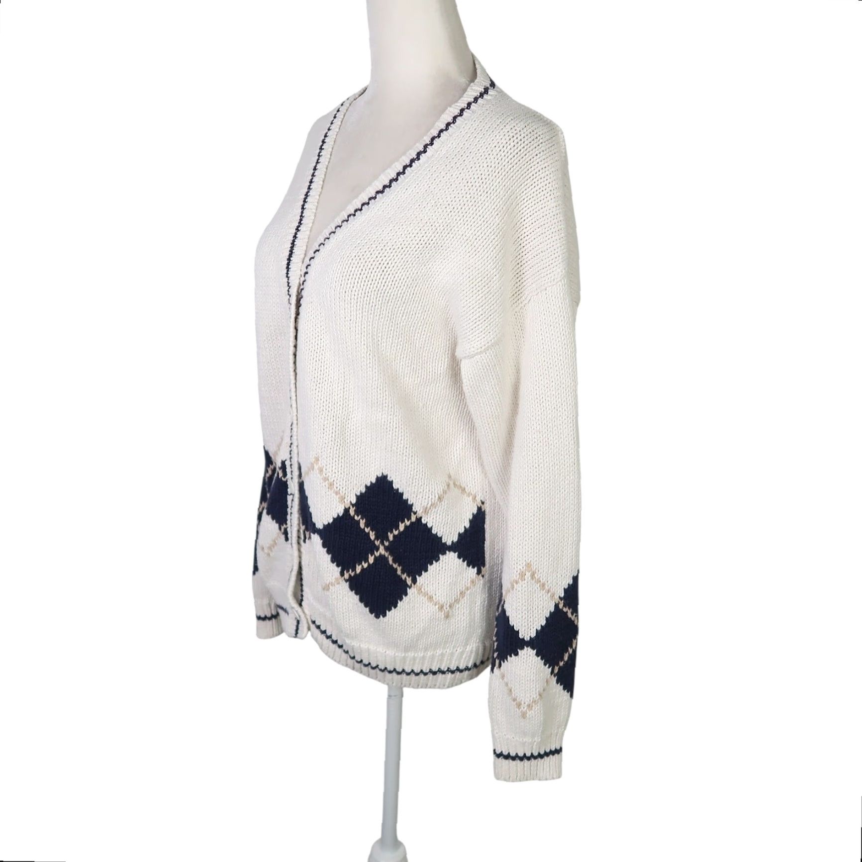 Vintage VINTAGE 90s cardigan sweater Argyle Knit Cotton L Cream Navy Cardigan Womens Long Sleeve V-Neck Fall Spring Knits Size L / US 10 / IT 46 - 3 Thumbnail