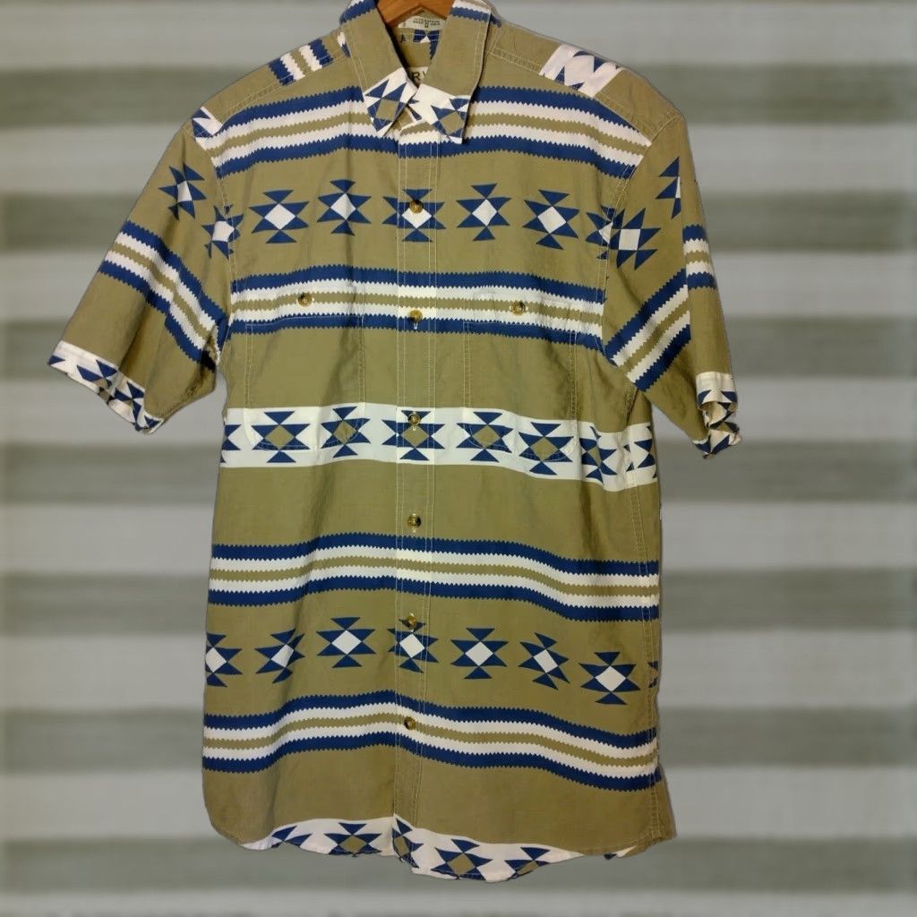 Orvis Orvis Shirt Men M Southwest Geometric Tan Blue Stripe Short Sleeve Western READ Size US M / EU 48-50 / 2 - 1 Thumbnail