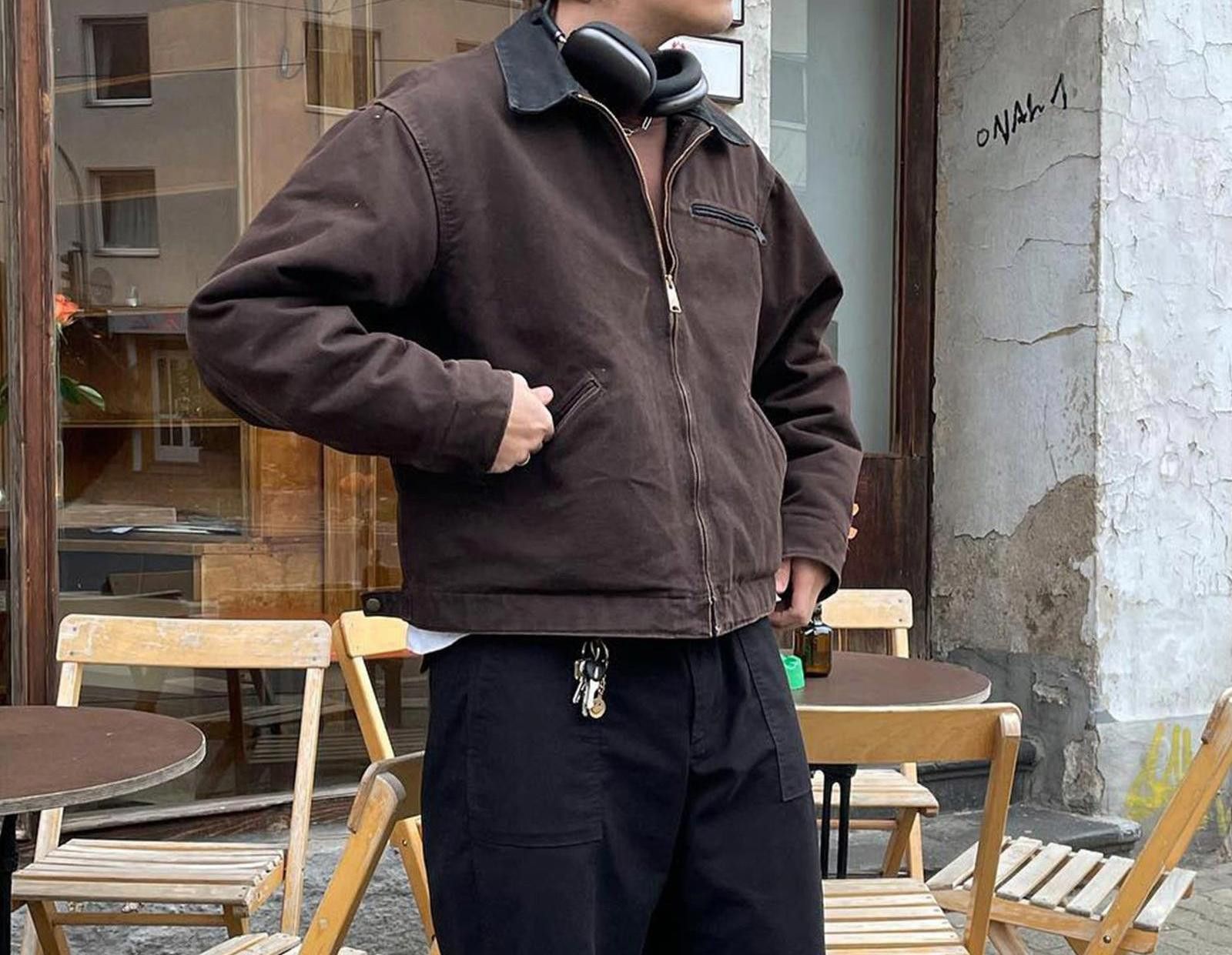 Vintage Dark Green Canvas Jacket with Brown Collar, Casual Outerwear Size US M / EU 48-50 / 2 - 6 Thumbnail