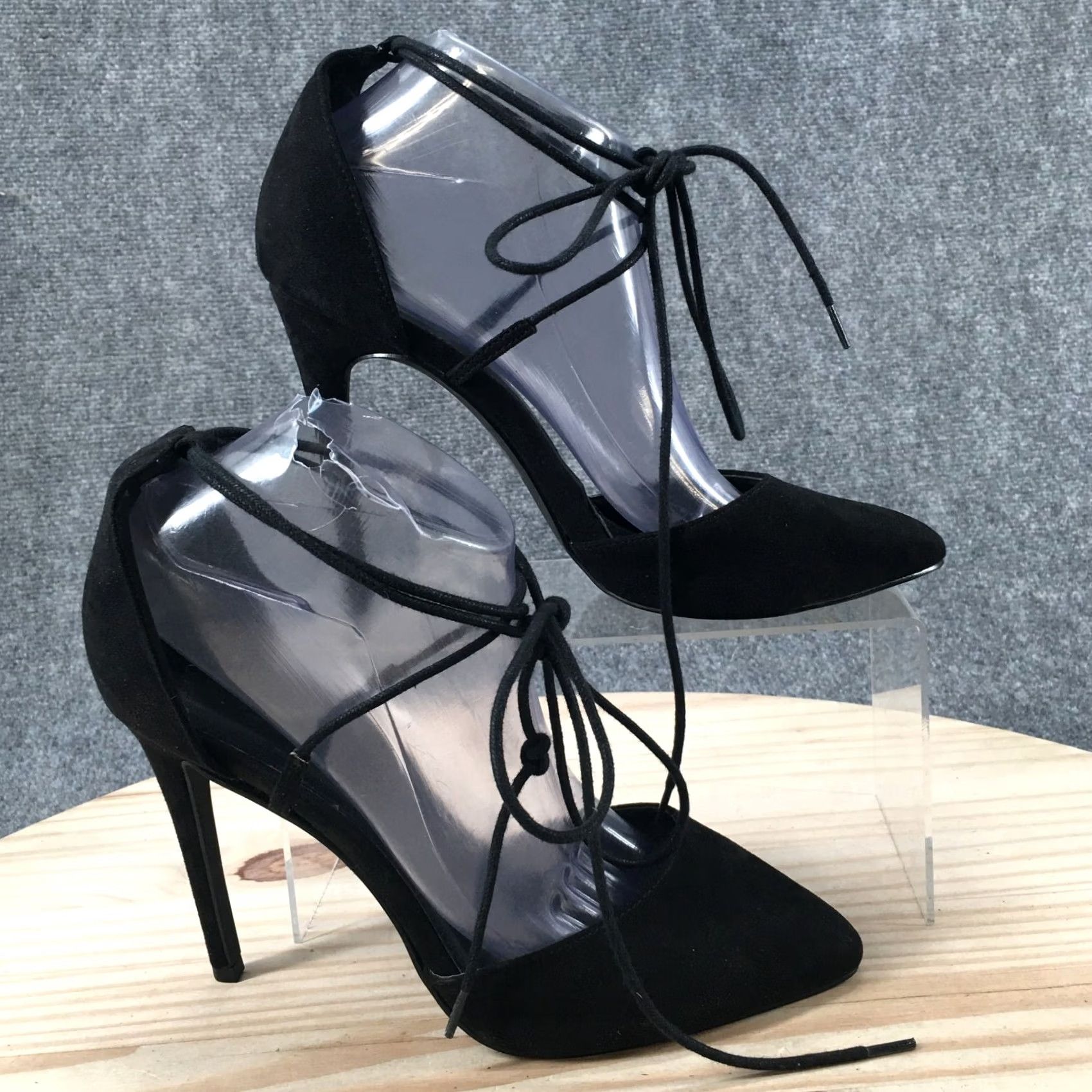 Vintage Charlotte Russe Carla D'Orsay Pump Womens 9 Black Lace Up Stiletto Heels Suede Shoes Size US 9 / IT 39 - 2 Thumbnail