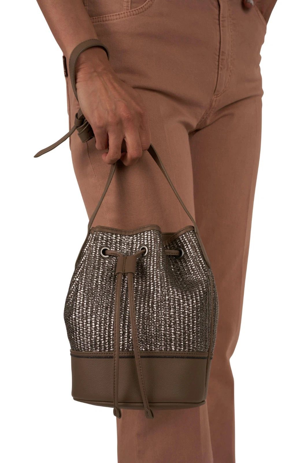 Brunello Cucinelli NEW Brunello Cucinelli Platinum Raffia & Leather Bucket Bag Size ONE SIZE - 5 Thumbnail