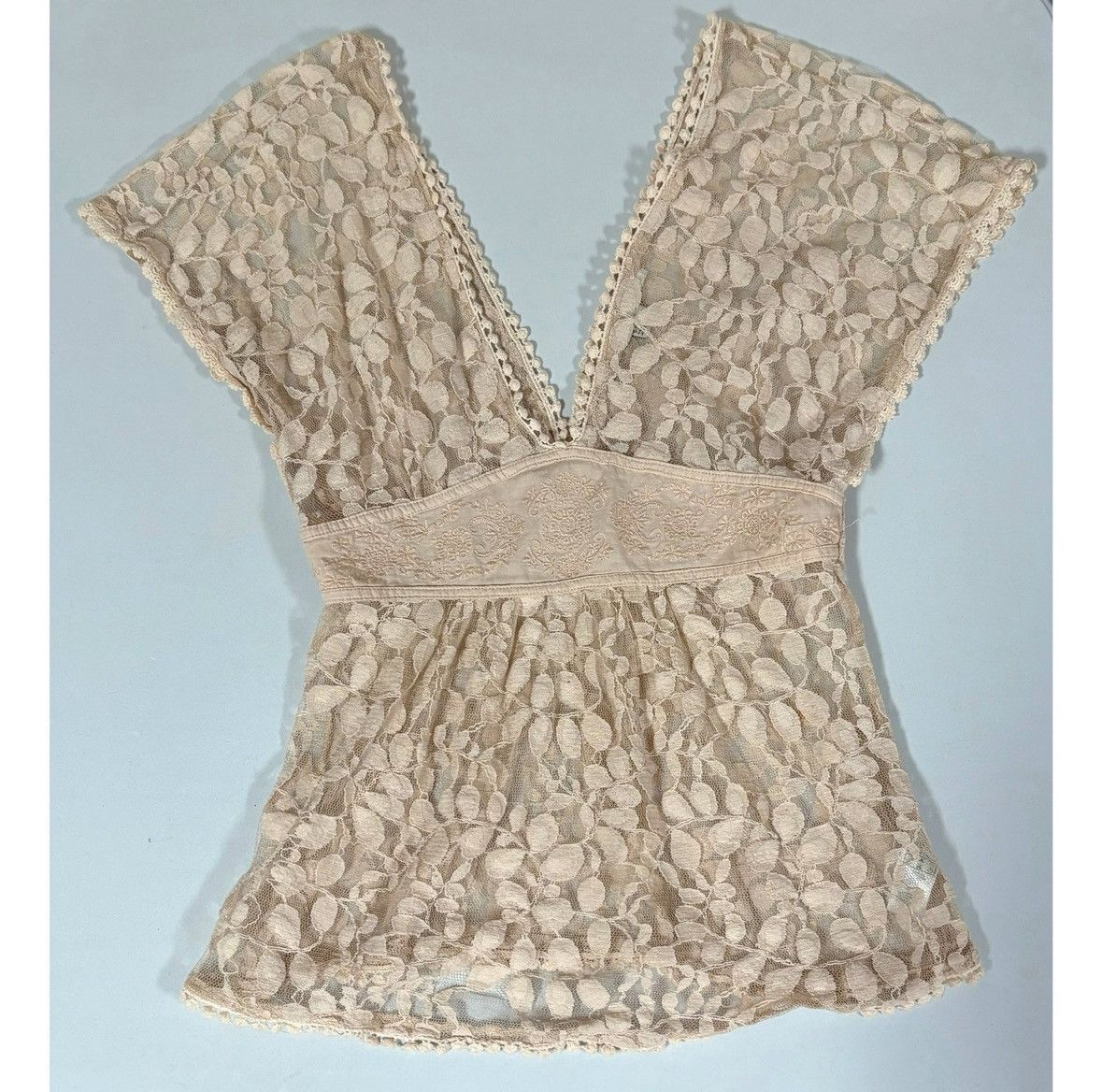 Free People Tan Beige Floral Lace Y2K Babydoll Shirt Top Blouse Size S ✨ Size S / US 4 / IT 40 - 1 Thumbnail