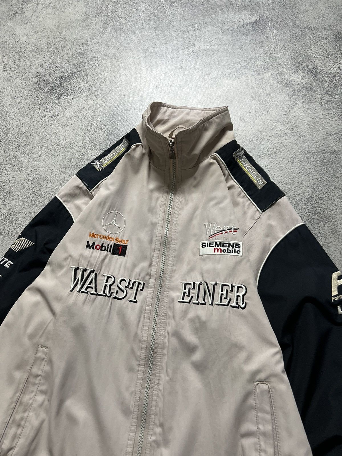 image of Formula Uno x Mercedes Benz Vintage Y2K Mercedes Benz Mclaren Warsteiner Racing Bomber in Black/Whi