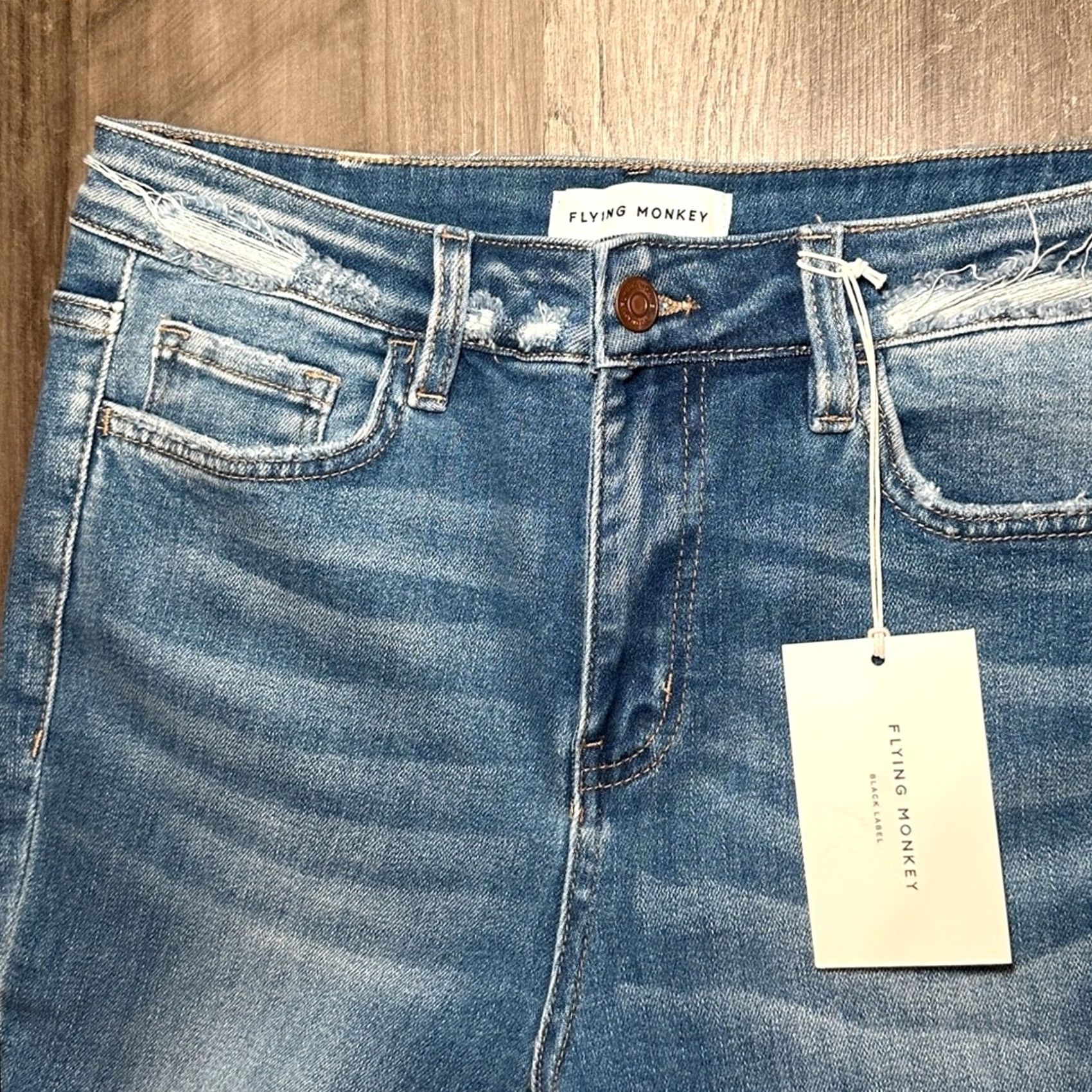 Vintage Flying Monkey Black Label High Rise Crop Flare Raw Hem Jeans 29 Women NWT Blue Jeans Flared Cotton Polyester Rayon Spandex 26.5 Inseam Womens Size 29" - 5 Thumbnail