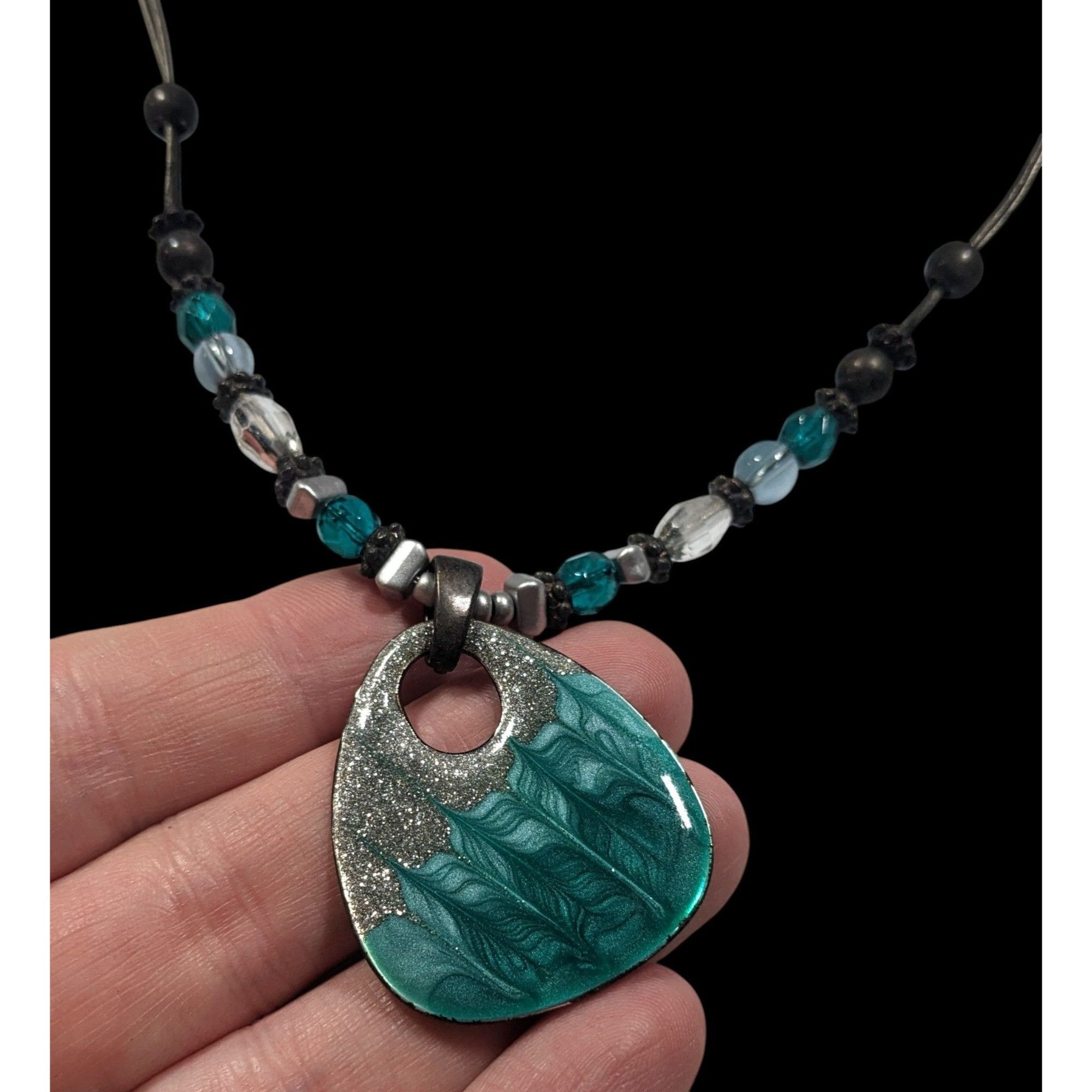 Other Blue And Silver Tone Glitter Enamel Beaded Pendant Necklace Size ONE SIZE - 3 Thumbnail