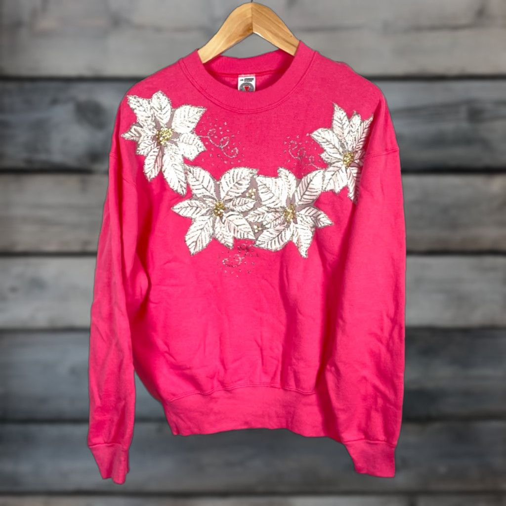 Vintage VINTAGE Munsingwear Sweatshirt Women's Large Pink Poinsettia Christmas Floral Decal Crew Neck Pullover 50-50 Cotton-Polyester Size L / US 10 / IT 46 - 1 Thumbnail
