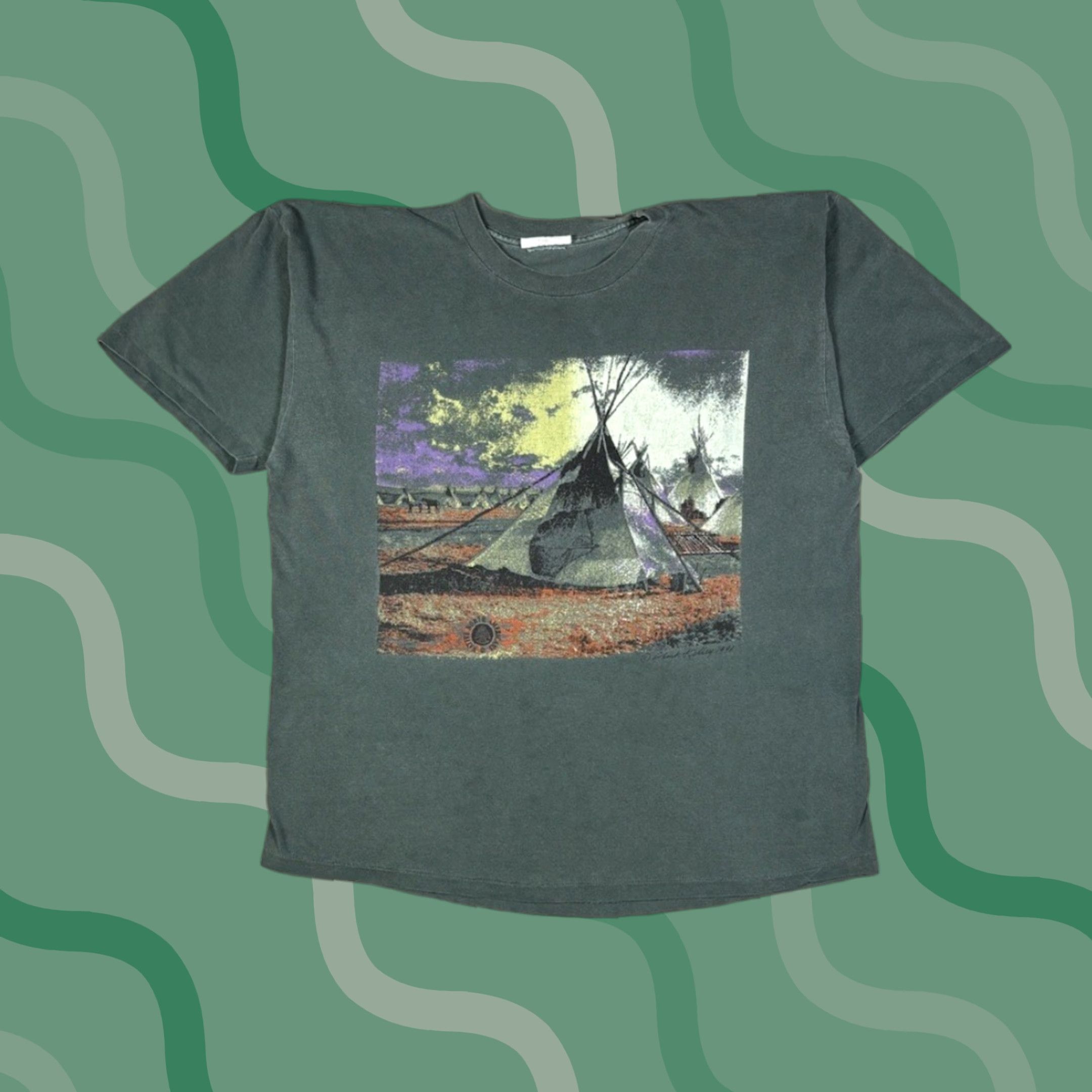 Native VINTAGE Native Tribal Graphic T-Shirt L Men Green Cotton Crew Neck Short Sleeve USA 90s Tribal Graphic Print Preshrunk Easy Care Size US L / EU 52-54 / 3 - 1 Thumbnail