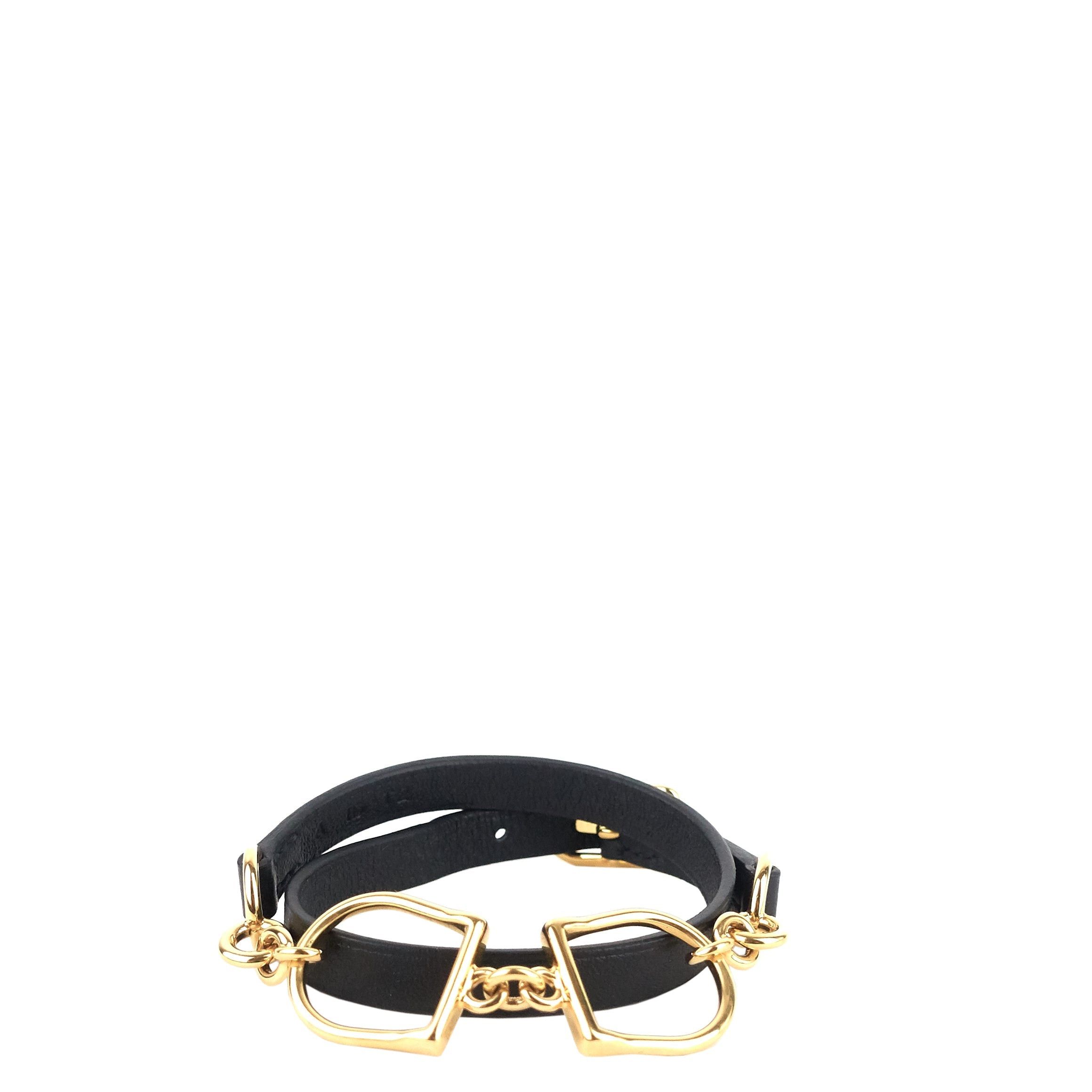 image of Hermes Etrier Double Tour Swift Leather Bracelet in Black, Women's