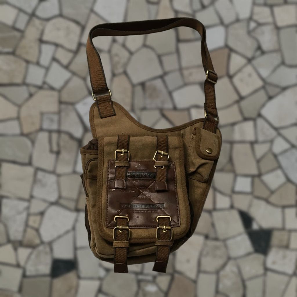 Vintage Crossbody Cargo Bag Brown Canvas Utility Hiking Travel Military Style Unisex Adults Medium Canvas Faux Leather Size ONE SIZE - 1 Thumbnail