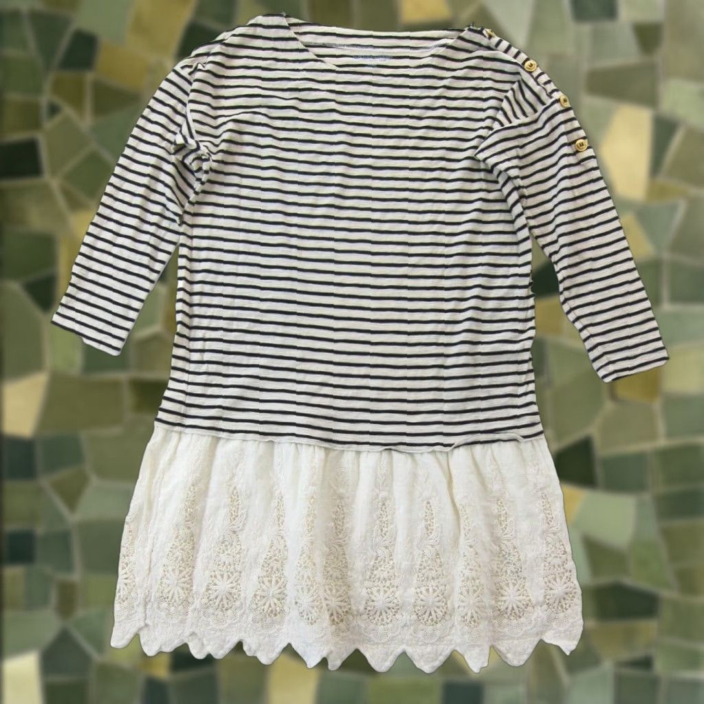 Soft Surroundings Soft Surroundings Shirt Womens M Ivory Stripe 3/4 Sleeve Tunic Dress Cotton Embroidered Midi Dress Size M / US 6-8 / IT 42-44 - 1 Thumbnail