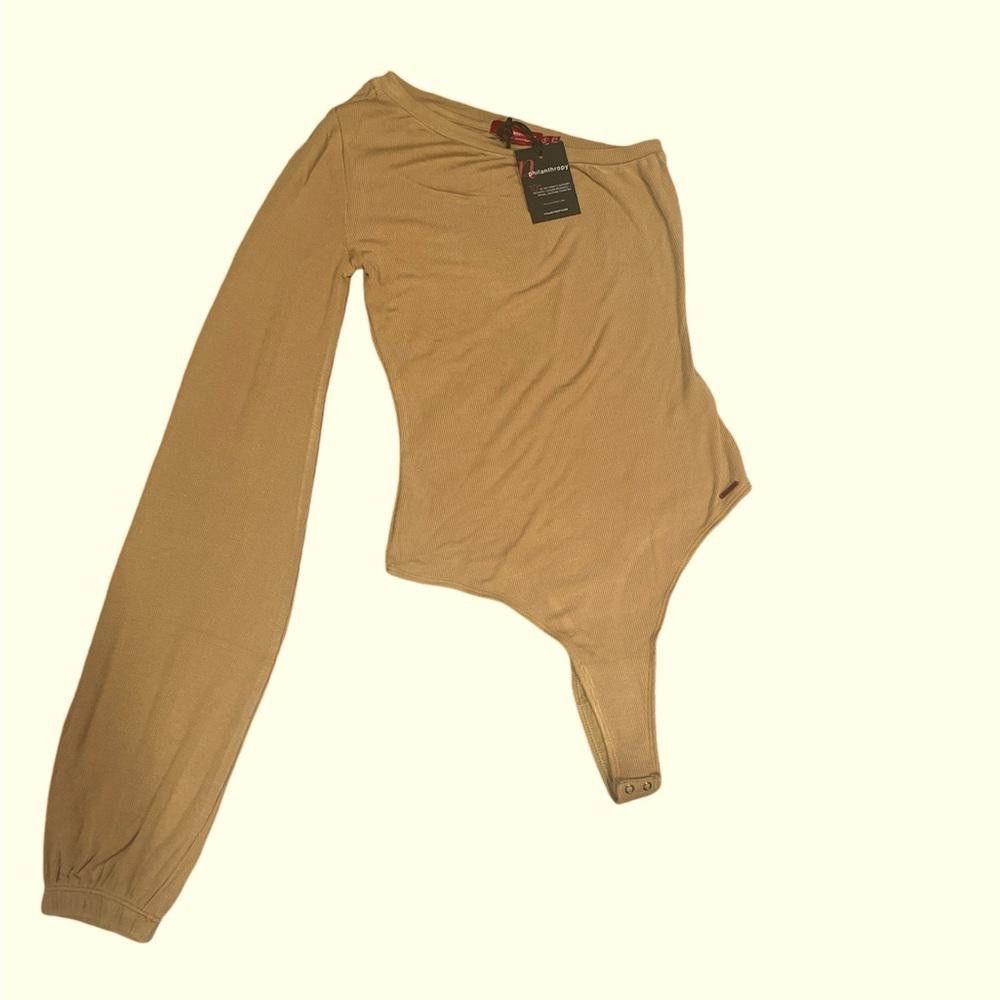 Designer PHILANTHROPY Women's One Shoulder Ribbed Bodysuits in Tan S Size M / US 6-8 / IT 42-44 - 3 Thumbnail