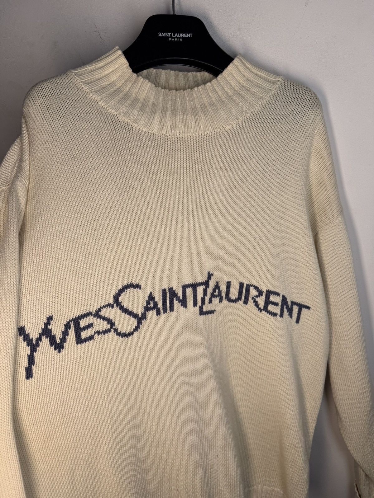 Yves Saint Laurent Cream YSL Sweater Knit Big Logo Turtleneck y2k Sweatshirt Size US L / EU 52-54 / 3 - 7 Thumbnail