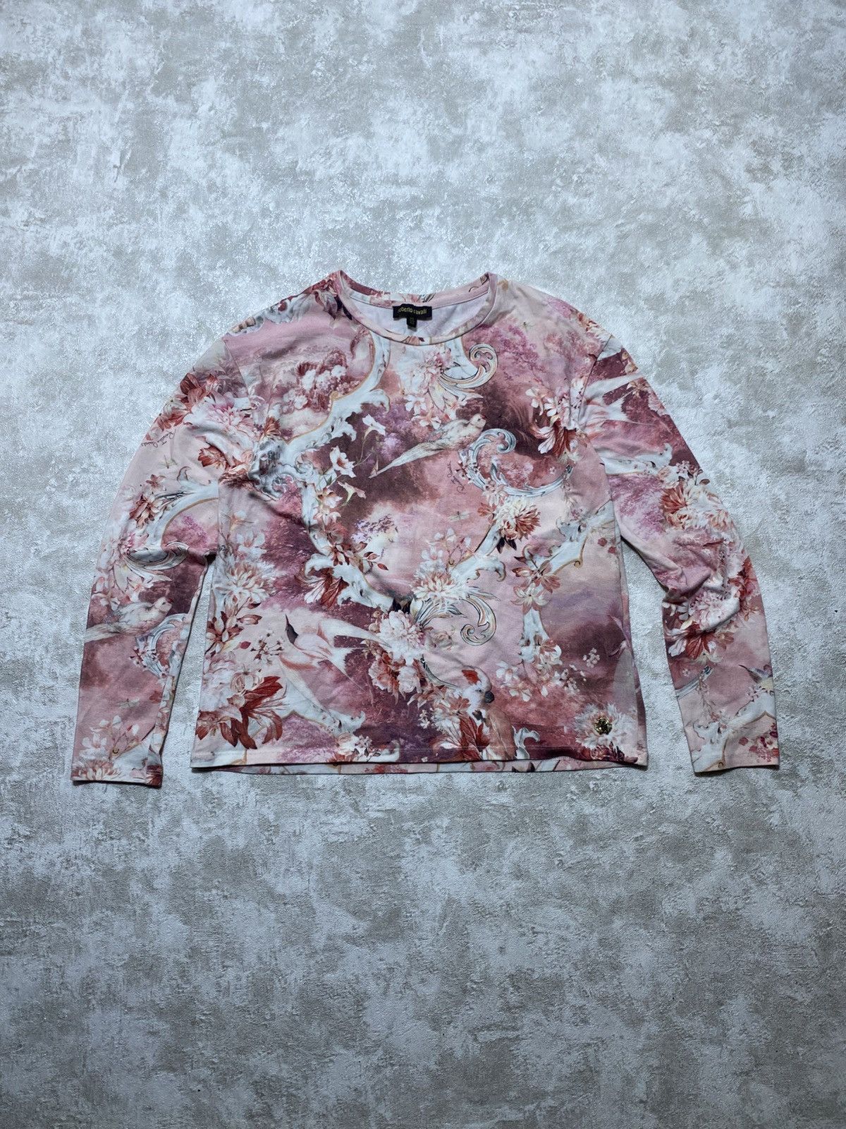 Y2K Roberto Cavalli Floral Birds Print Long Sleeve Top Pink