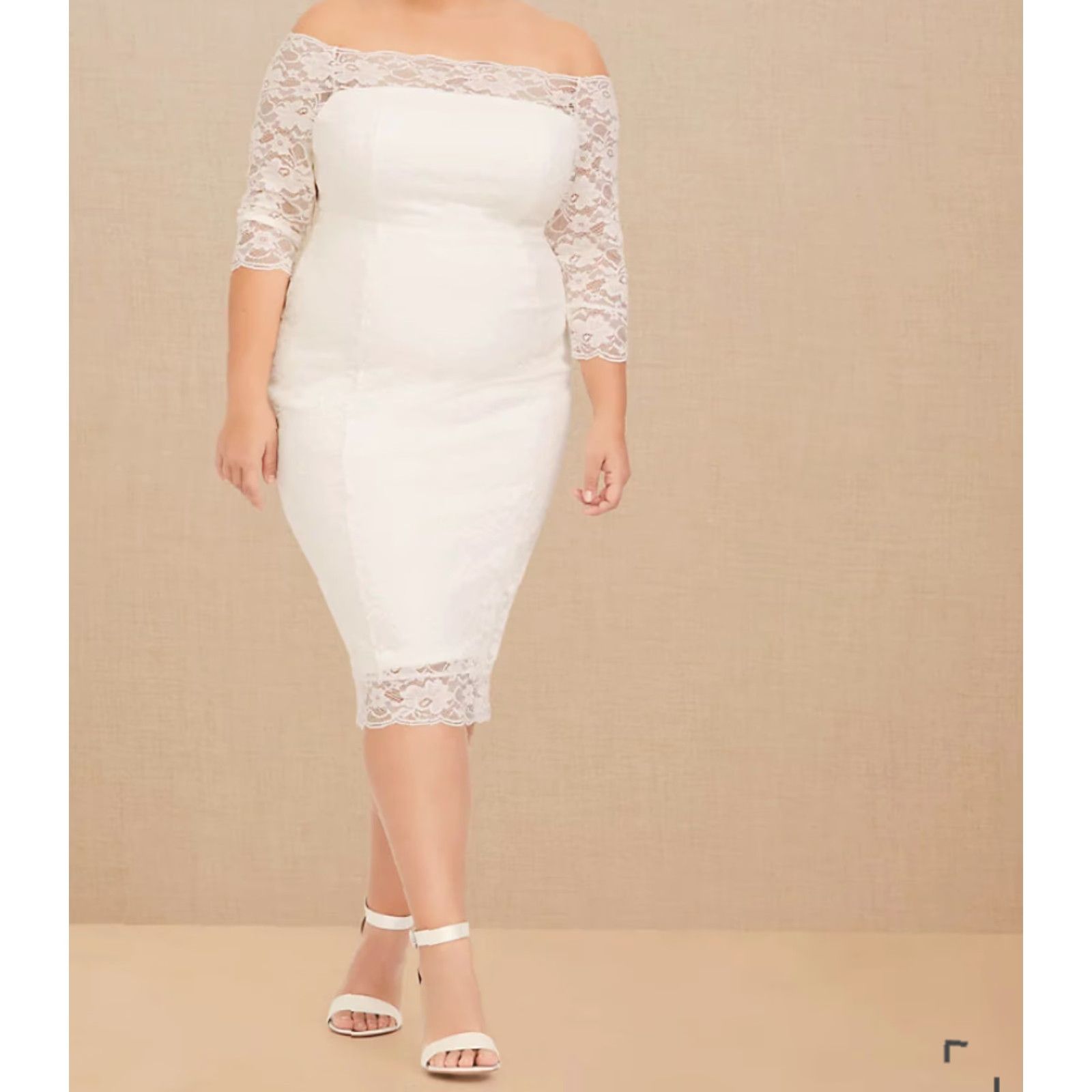Torrid Torrid Ivory Lace Bodycon Dress - Size 20 - Plus - Midi - Off the Shoulder - 3/4 Sleeve - Zip - Formal - Women Size 3XL / US 20-22 - 2 Thumbnail