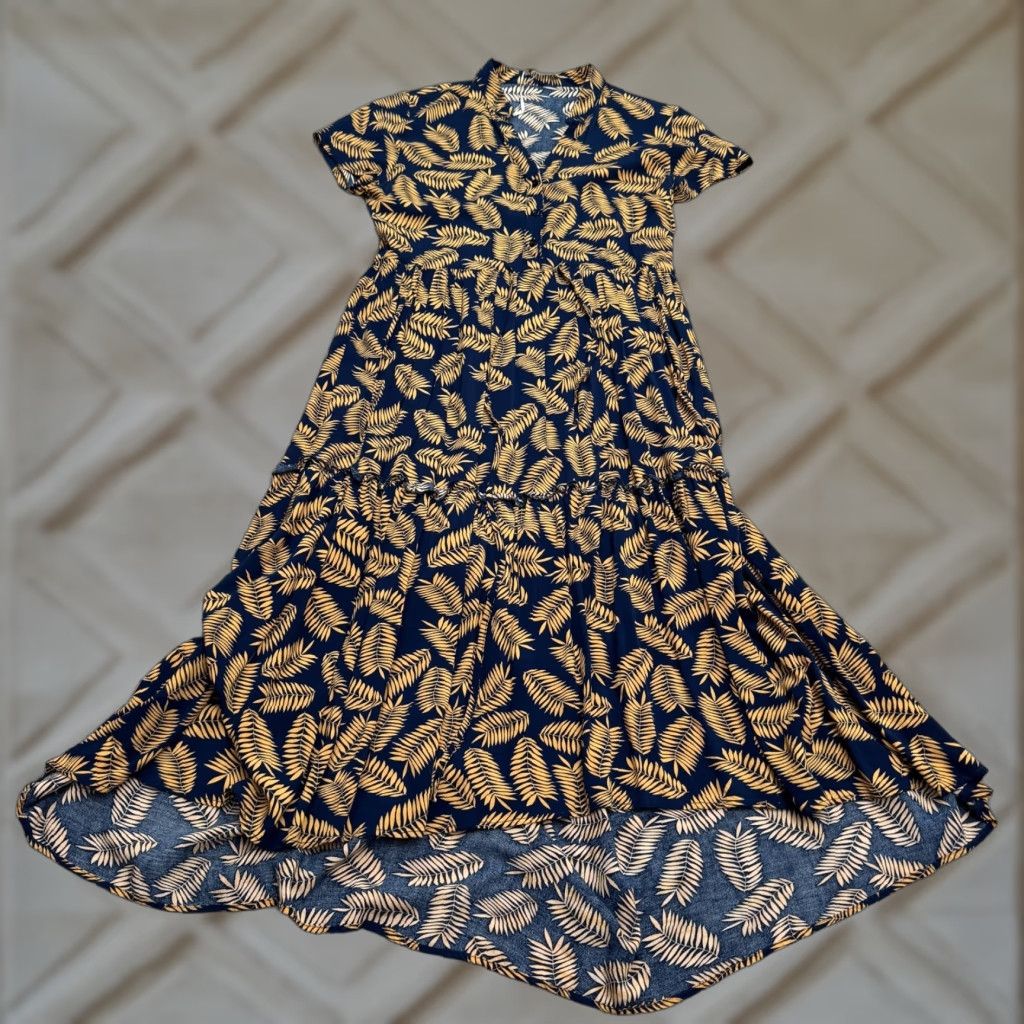 Vintage VINTAGE Biscote Palm Leaf Hi-Low Maxi Tiered Dress Womens 2 Navy Brown Short Sleeve Boho Size 26" / US 2 / IT 38 - 1 Thumbnail