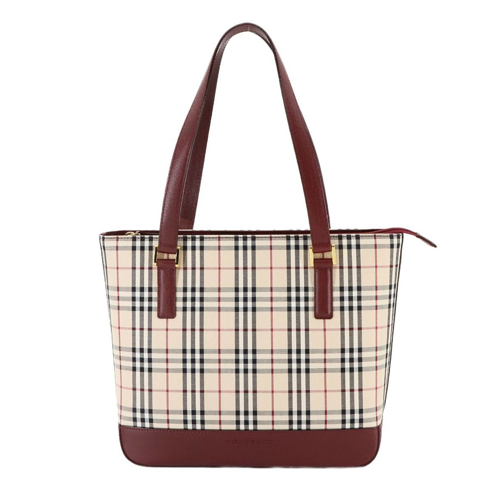 Burberry Nova Check Tote Bag Canvas Leather Beige Bordeaux Gold Hardware, Women's