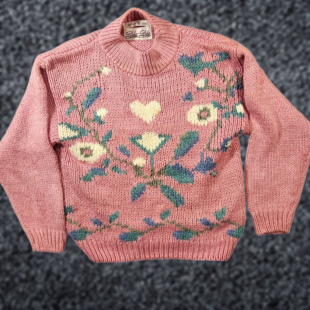 Pinko Vintage Side By Side Sweater Womens Large Pink Heart Floral Knit Pullover 80s Size L / US 10 / IT 46 - 1 Thumbnail
