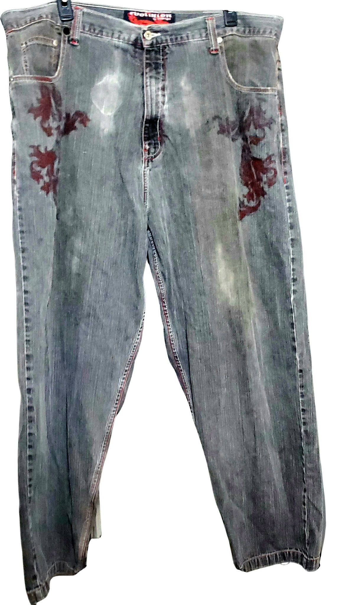 Other Y2K Black Baggy Jeans Mens 44 Red Dragon Print Faded Grunge Size US 44 / EU 60 - 1 Thumbnail