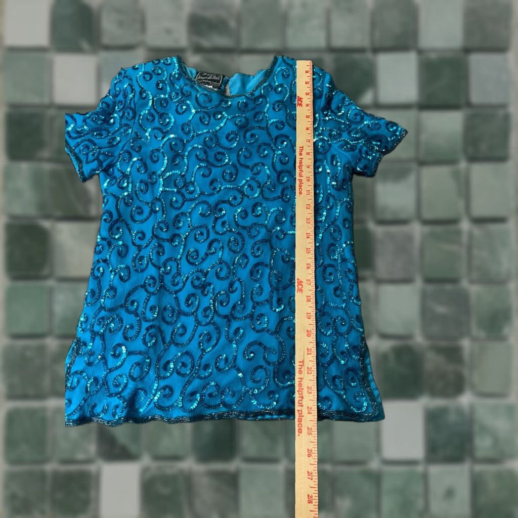 Joseph VINTAGE Jean for Joseph Le Bon Blouse Womens 6 Petite P Blue Beaded Swirl Pattern Silk 1980s Cocktail Womens Size M / US 6-8 / IT 42-44 - 1 Thumbnail