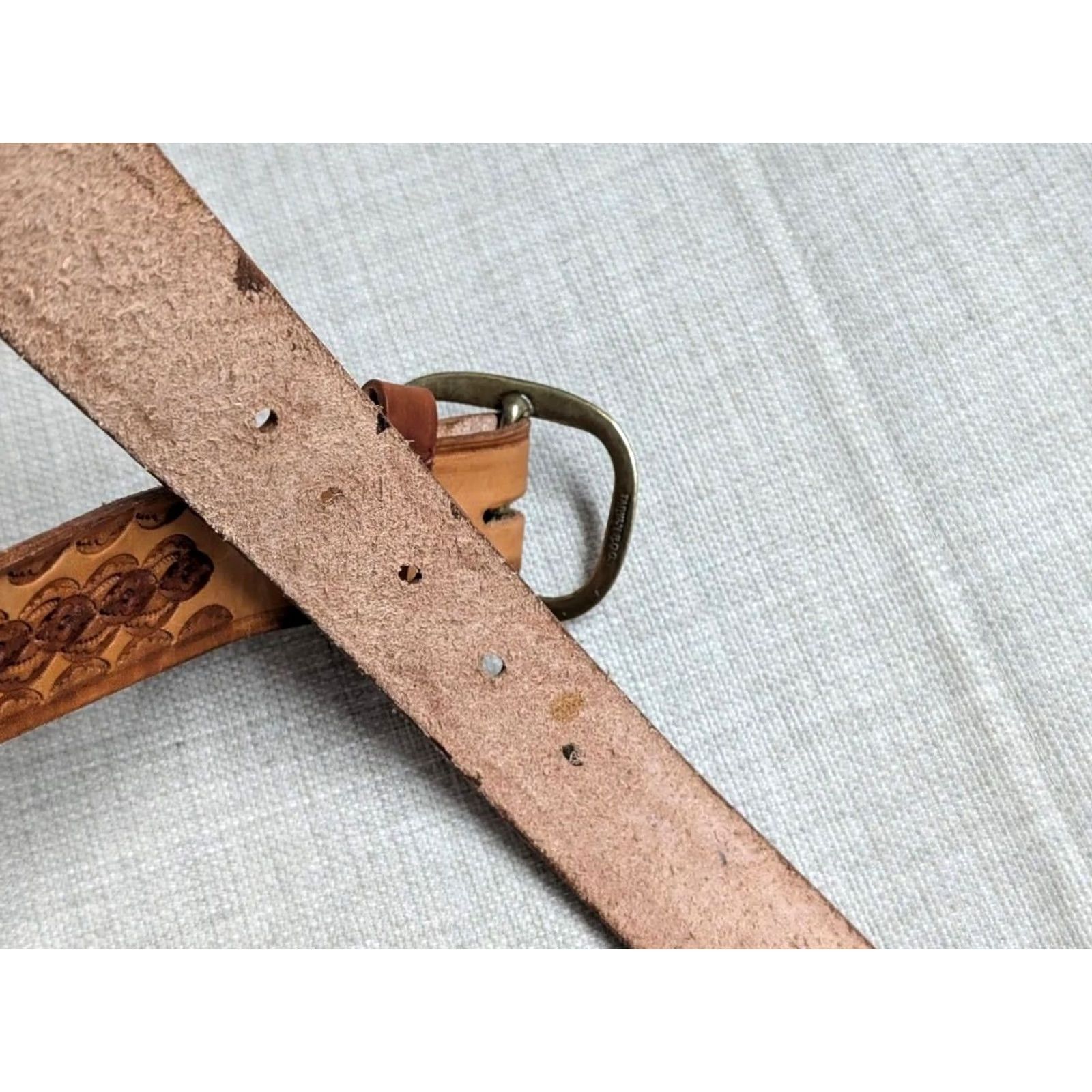Vintage VINTAGE HANDCRAFTED belt TOOLED cowhide 40 brown WESTERN geometric brass Size 40 - 7 Thumbnail