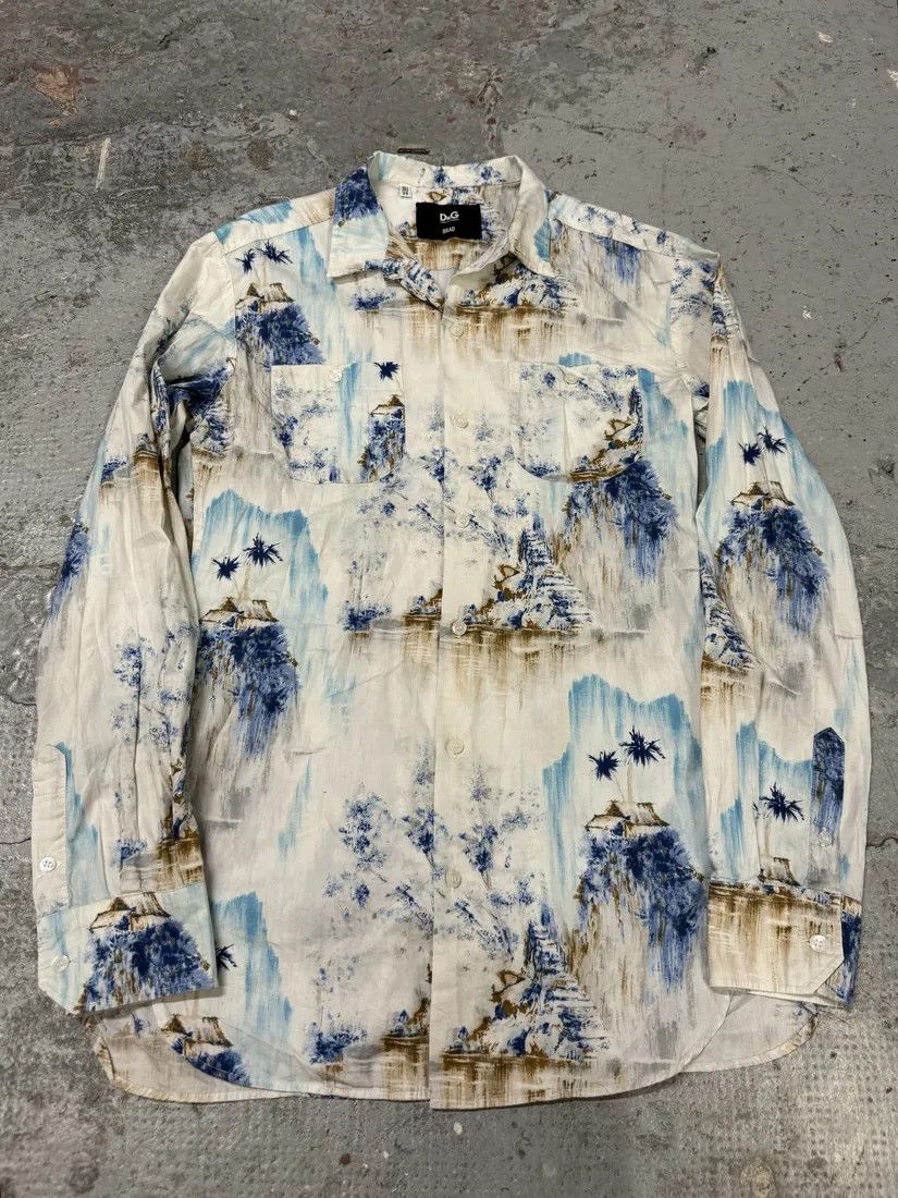 Dolce & Gabbana × Vintage 1990s Dolce & Gabbana White & Blue Abstract Nature Shirt Size US S / EU 44-46 / 1 - 1 Thumbnail