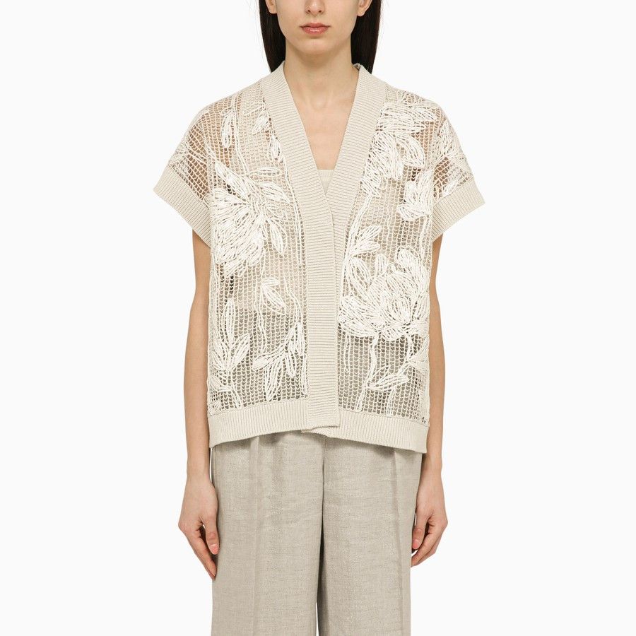 Brunello Cucinelli o1d2blof0824 Perforated Cotton Cardigan in Beige Size S / US 4 / IT 40 - 1 Thumbnail