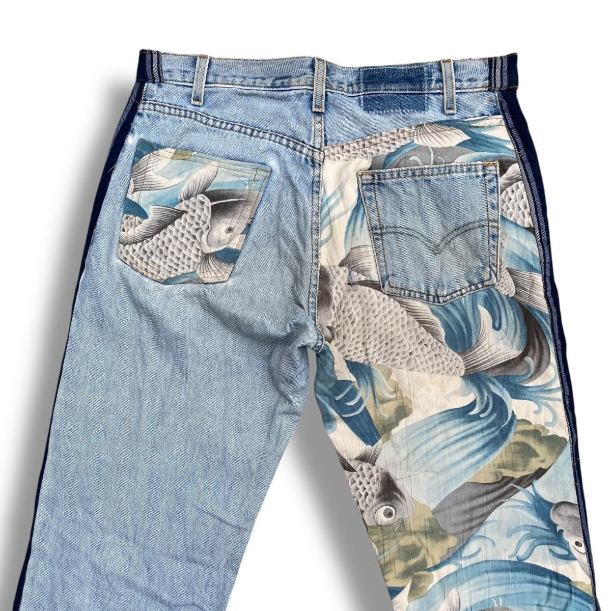 Handmade 🇯🇵 BLUESHADU JAPANESE KOI FISH DISTRESSED DENIM PANTS Size US 33 - 9 Thumbnail