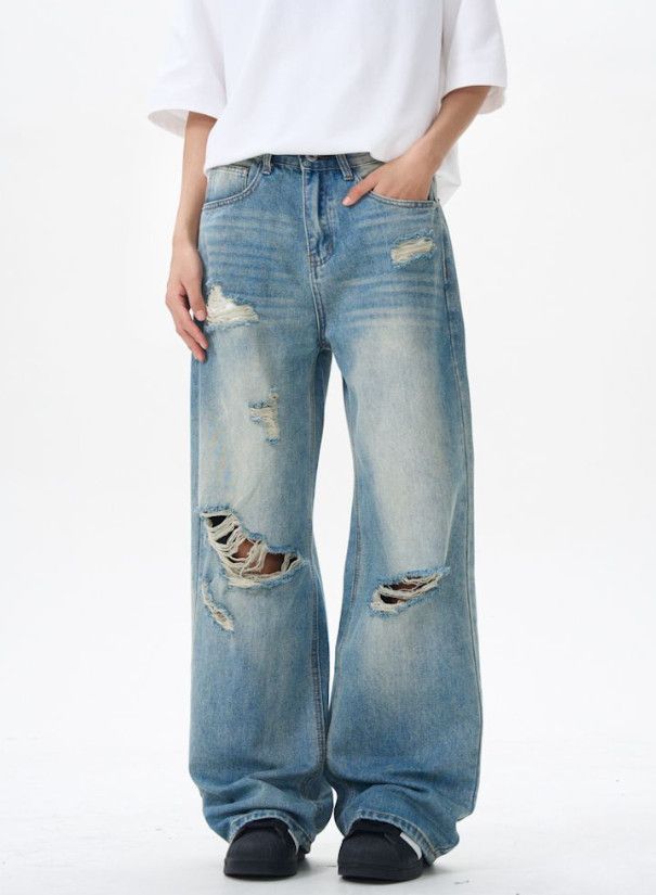 Vintage Men's washed straight loose ripped whisker baggy jeans Size US 32 / EU 48 - 2 Thumbnail