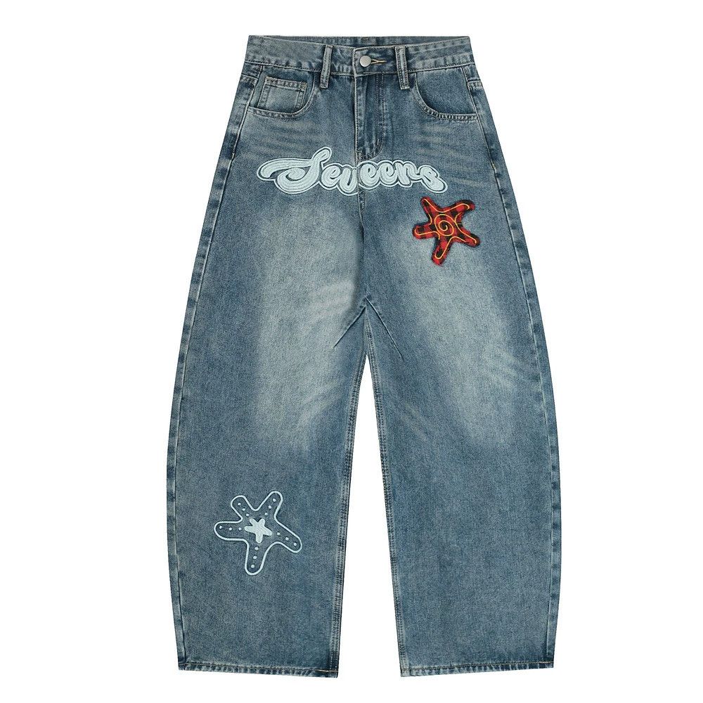 Jean Men's embroidered lettering distressed scimitar jeans Size US 32 / EU 48 - 1 Thumbnail